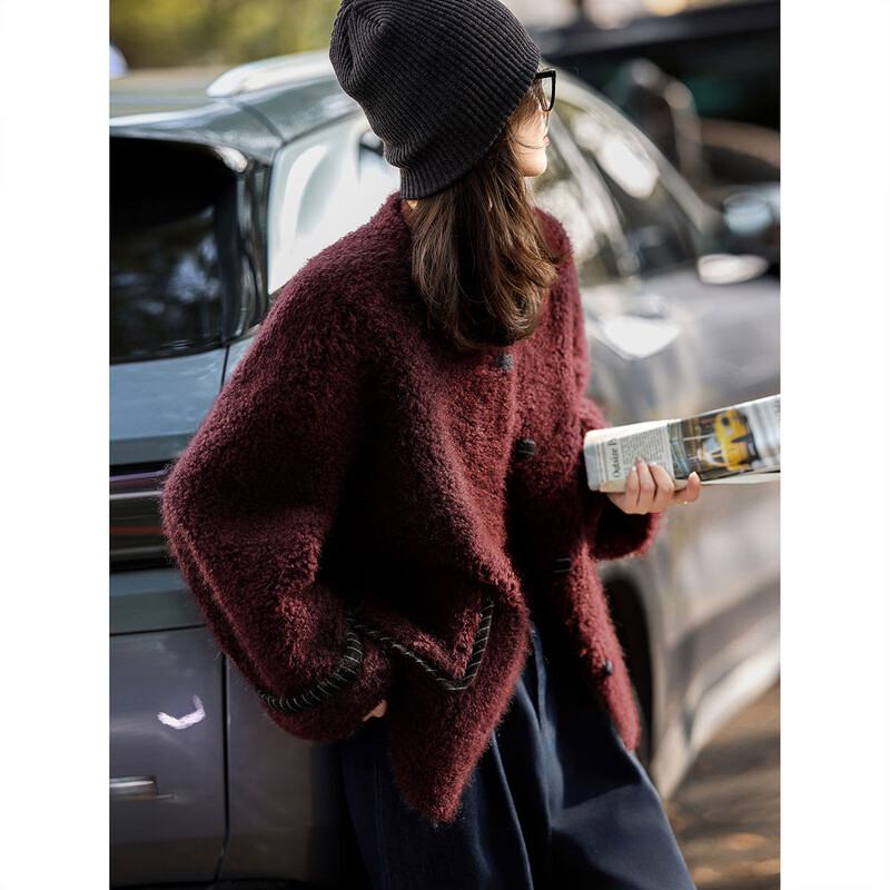 Awakening Paradise Winter Fashion Loose Lazy Style Stitched Imitation Lamb Fur Jacket for Women Burgundy Thick M