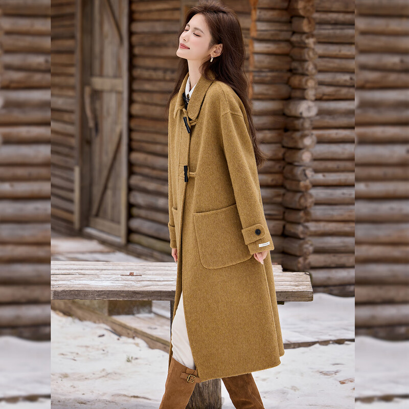 Bailuyu Lapel College Style Double-sided Wool 25 Winter New Wool Blended Large Pocket Coat for Women Sand Yellow M