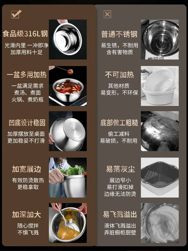 Sailotou 316 stainless steel basin set household oil basin for beating eggs and washing vegetables and cooking large soup basin large basin 3 pieces 26+28+30cm