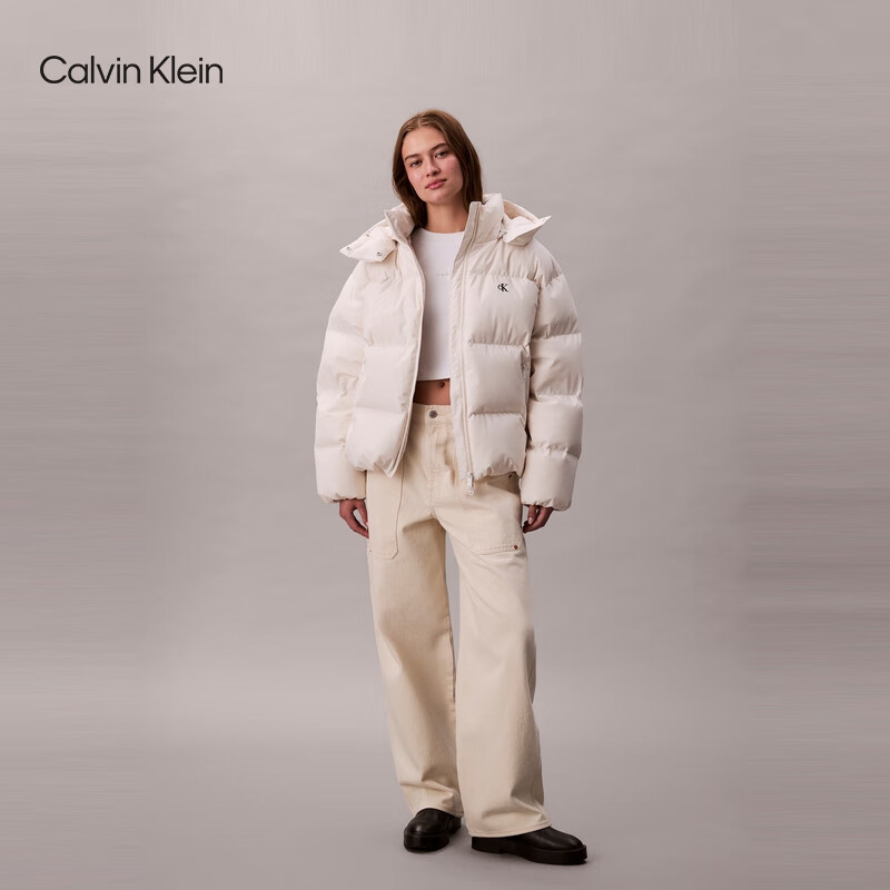 Calvin KleinJeans25 autumn and winter new women's soft 90 velvet casual commuting cck embroidered stand collar hooded down jacket