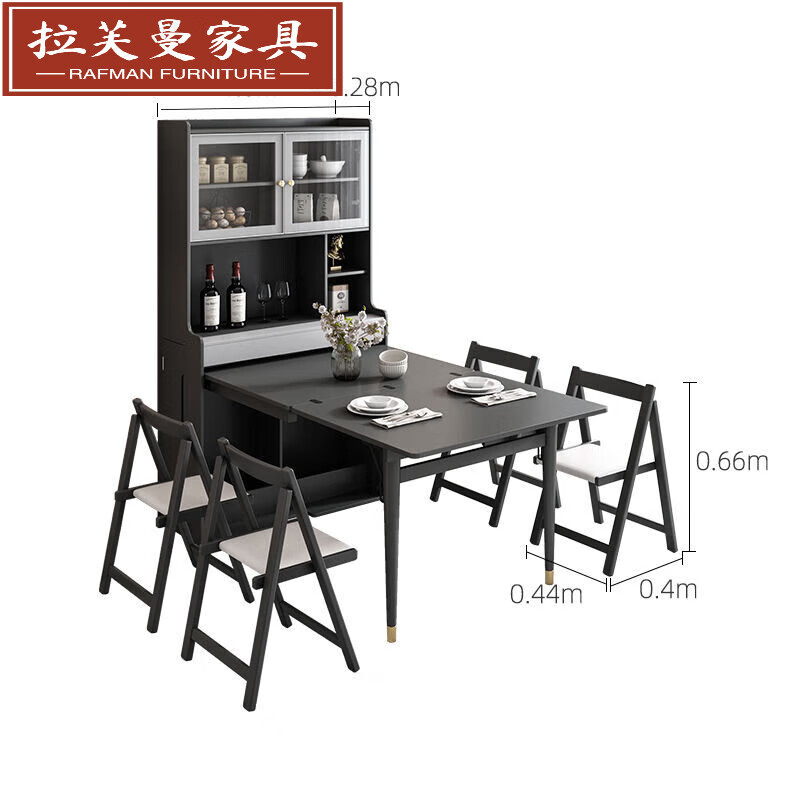 Ruffman folding dining table and sideboard integrated simple modern light luxury wall-mounted retractable dining table folding table and sideboard + solid wood dining chairs *4 (gentleman