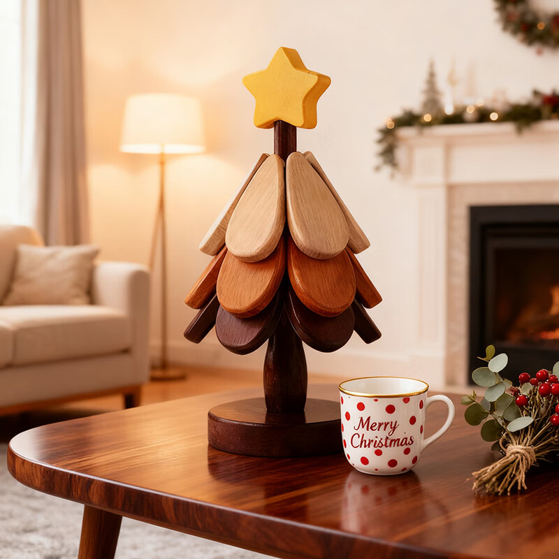 Qiju Yaji wooden simulated Christmas tree insulation mat, dining table, high-end decoration, anti-scalding pot mat, folding cup and bowl mat, 4 layers 20436