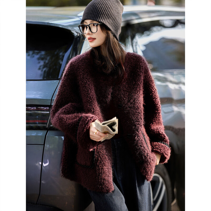 Awakening Paradise Winter Fashion Loose Lazy Style Stitched Imitation Lamb Fur Jacket for Women Burgundy Thick M