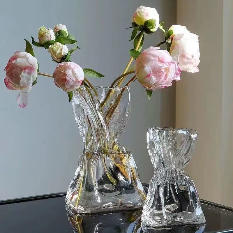 IXJSN high sense simple creative irregular vase transparent glass living room desktop flower arrangement water support ins decorative ornaments special-shaped money bag transparent