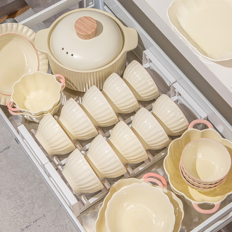 Qishu bowl and dish set 2025 new tableware home cream style light luxury chopsticks high-end housewarming ceramic bowls and plates soup bowl gift box 6 people food 26 pieces damaged bag replacement