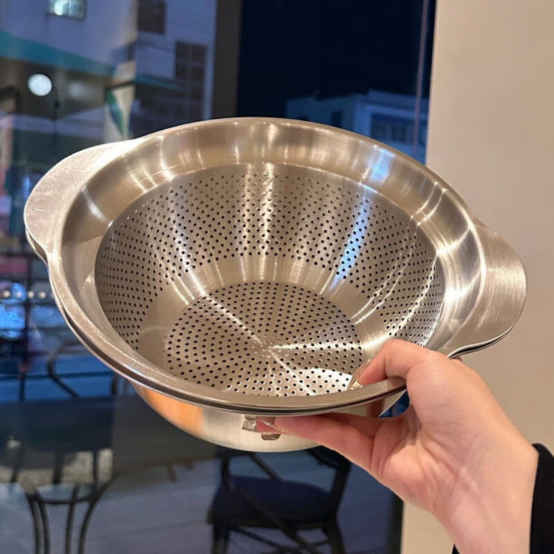 Qinkai 304 stainless steel basin double-layer kitchen household double-ear thickened drain basket kneading basin baking basin and dough beating basin 25cm two-piece set double-ear basin leaky basin + solid basin discount