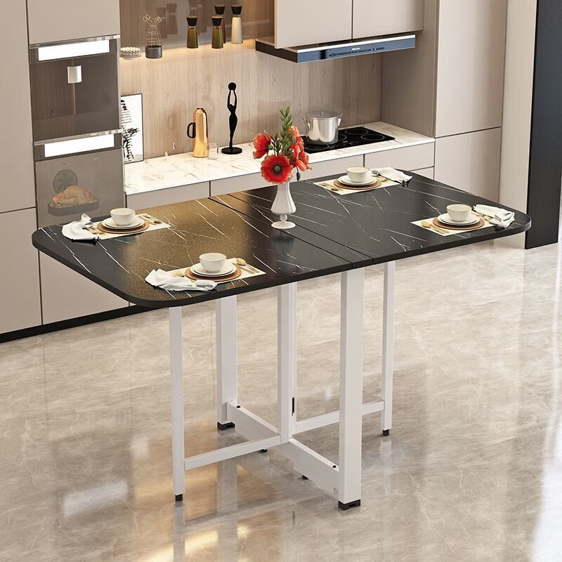 Folding dining table for small households, removable table, foldable wall table, marble pattern storage dining table, white marble pattern + black frame 120x80x75