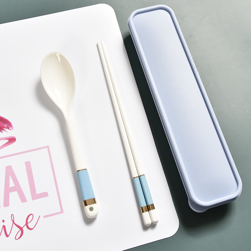 Complete portable ceramic tableware three-piece set, high-looking ins style light luxury Internet celebrity style ceramic chopsticks and spoons NEW portable three-piece set emerald gold