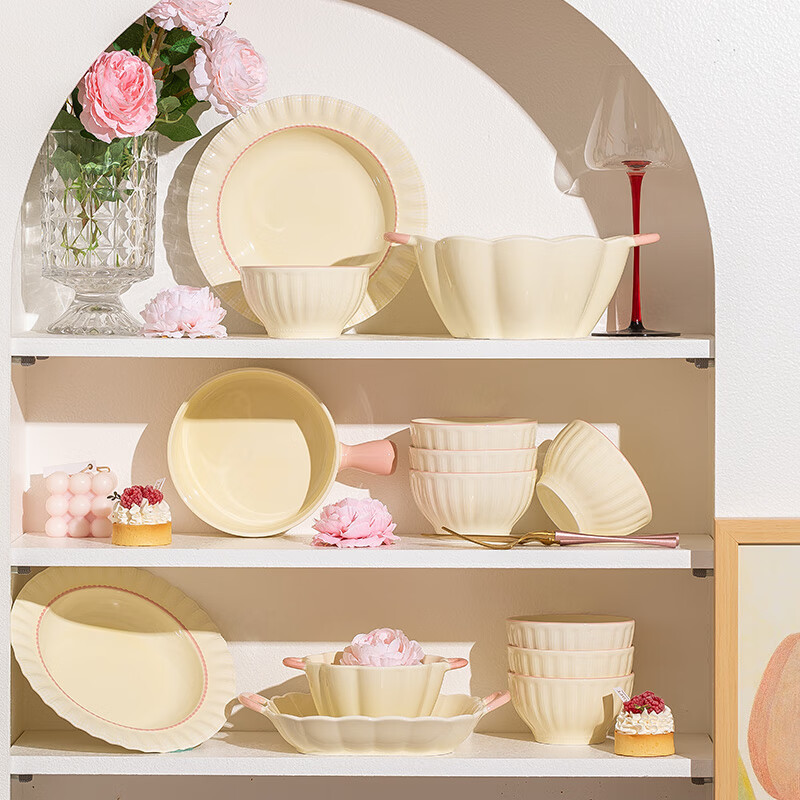 Qishu bowl and dish set 2025 new tableware home cream style light luxury chopsticks high-end housewarming ceramic bowls and plates soup bowl gift box 6 people food 26 pieces damaged bag replacement