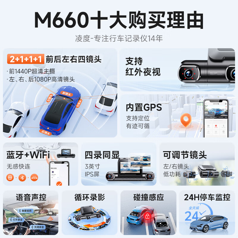 LNDU Lingdu 4-camera driving recorder M660 multi-camera multi-recording 2K high-definition 360 panoramic parking monitoring without blind spots