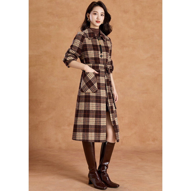 Kebel high-end retro plaid atmosphere coat women's 2025 new autumn and winter temperament mid-length woolen coat L