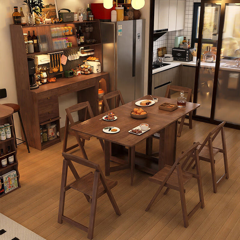 Xingying Furniture sideboard dining table integrated folding retractable mid-century style small apartment cabinet home table all solid wood walnut color 1.6m dining table cabinet