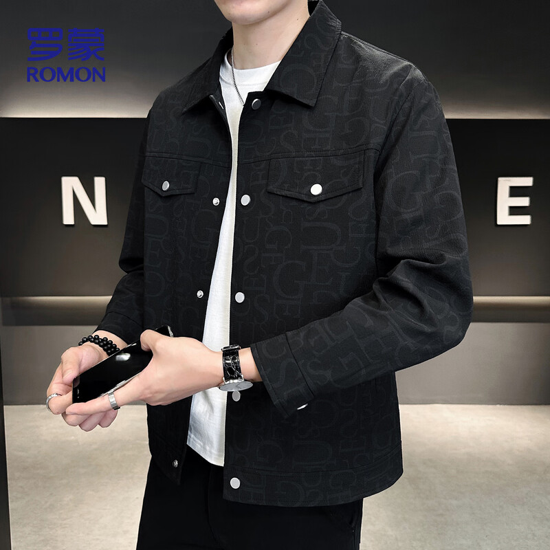ROMON jacket men's autumn and winter cotton new casual trendy cotton lapel jacket men's ZHL21 black XL
