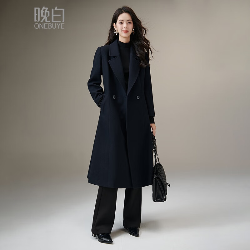 Late White New Product Winter Fashion Retro Mid-Length Coat Crisp and Slim Wool Jacket for Women Dark Blue XL