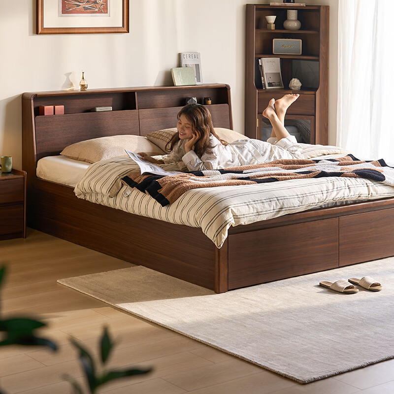 Lin's home double bed 1.8 meters 1.5 meters 1.5 meters thickened bedroom walnut color bedside storage Yueye series UM2A high box storage bed double drawer at the end of the bed 1800*2000mm single bed