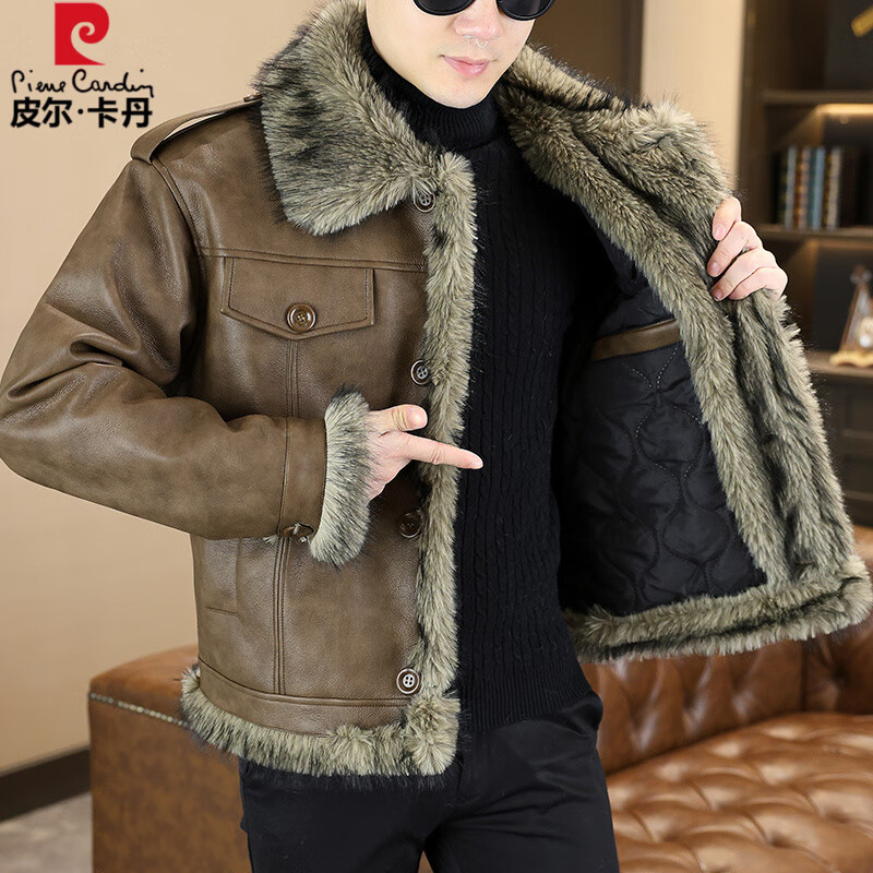 Pierre Cardin (Pierre Cardin) new winter leather cotton jacket for men, thickened, warm, casual, fashionable, high-end, personalized cold-proof cotton jacket, khaki, cotton and thickened 5060 2XL 140-160 catties