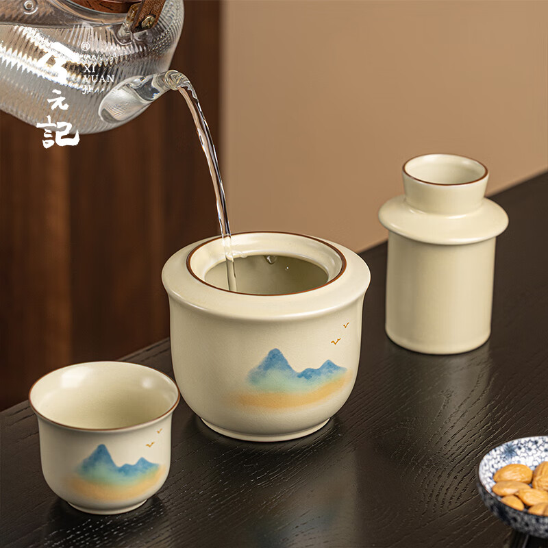 Xi Yuanji Qianli Jiangshan Yuan Yue Wine Warmer Set (one pot and one cup) household wine warmer pot half a catty ceramic wine set scalding wine yellow wine cup Ruyao Qianli Jiangshan Yuanyue Wine Warmer Set (one pot and one cup)