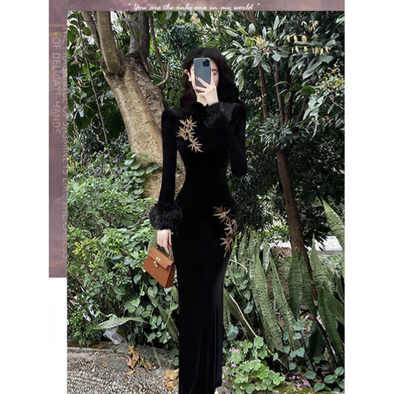 Hengyuan Xianggan 2025 autumn and winter new long-sleeved black cheongsam embroidered new Chinese style slim slit velvet long skirt black (removable fur sleeves) L