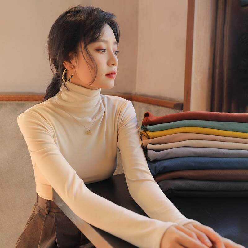 Yunshun solid color German velvet pile high collar bottoming shirt for women, autumn and winter velvet thickened long-sleeved bottoming top tights turtleneck bottoming shirt - apricot M
