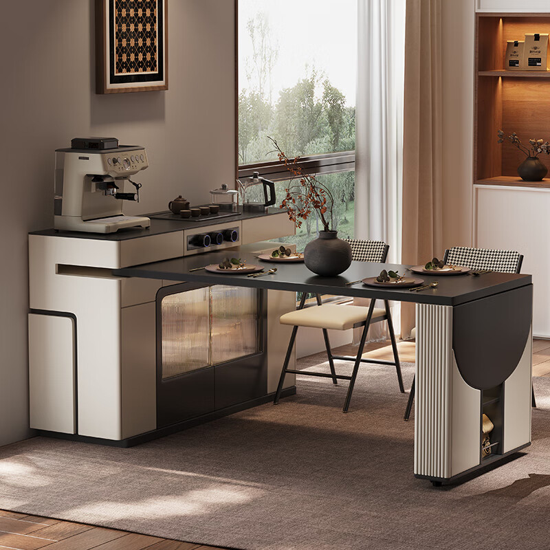 Micro-art solid wood island table retractable and foldable small-sized slate rotating multi-functional storage dining table and sideboard for home use Black versatile model All solid wood 1.2m slate island + 1.4m slate dining table (flat style)