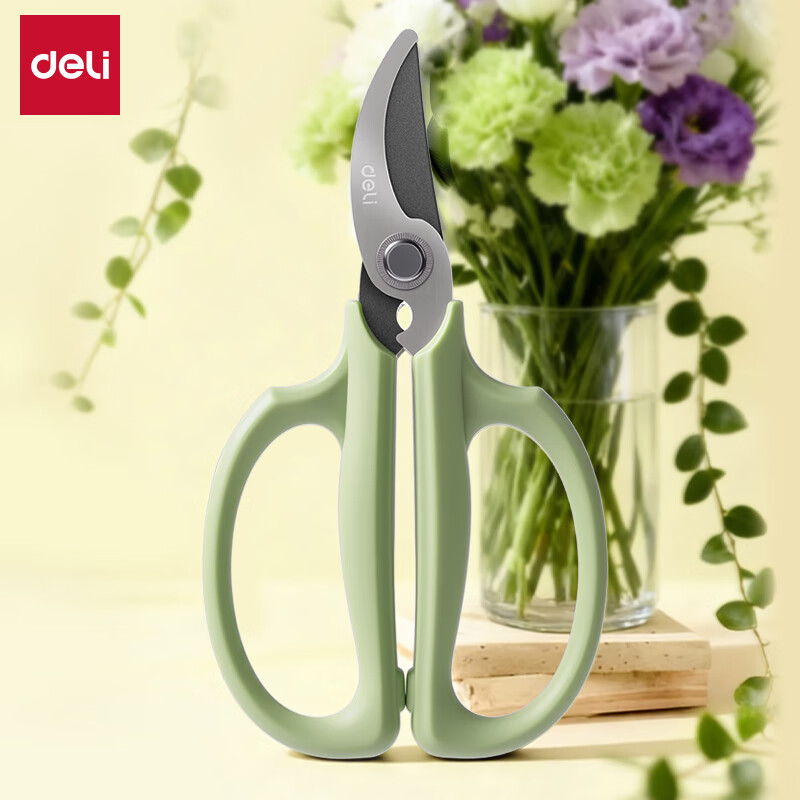 Deli flower scissors gardening scissors wide head household flower blade sharp garden flower pruning tool gardening scissors green curved cutting blade rust-proof and anti-stick TJ53