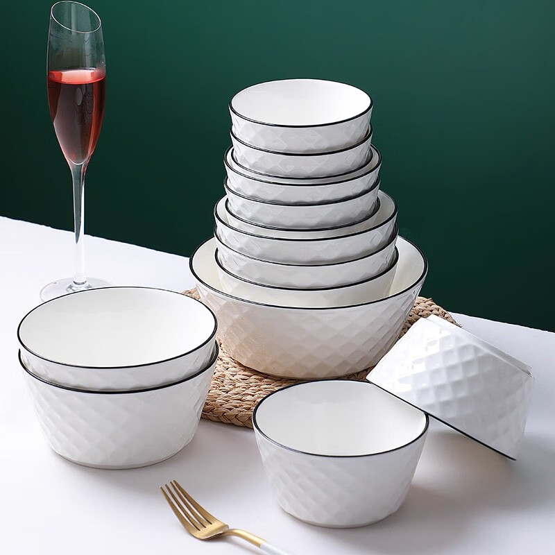 Garson Nordic simple ceramic rice bowl household rice bowl tableware set dish set diamond 4.5 inch bowl 10 pieces