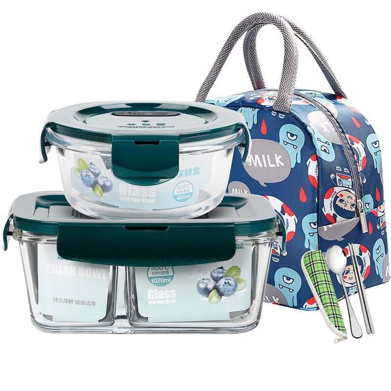 Chuangde heat-resistant glass crisper, microwave lunch box, lunch box for office workers, extra height 3 compartments, 1020+400+ bags+tableware