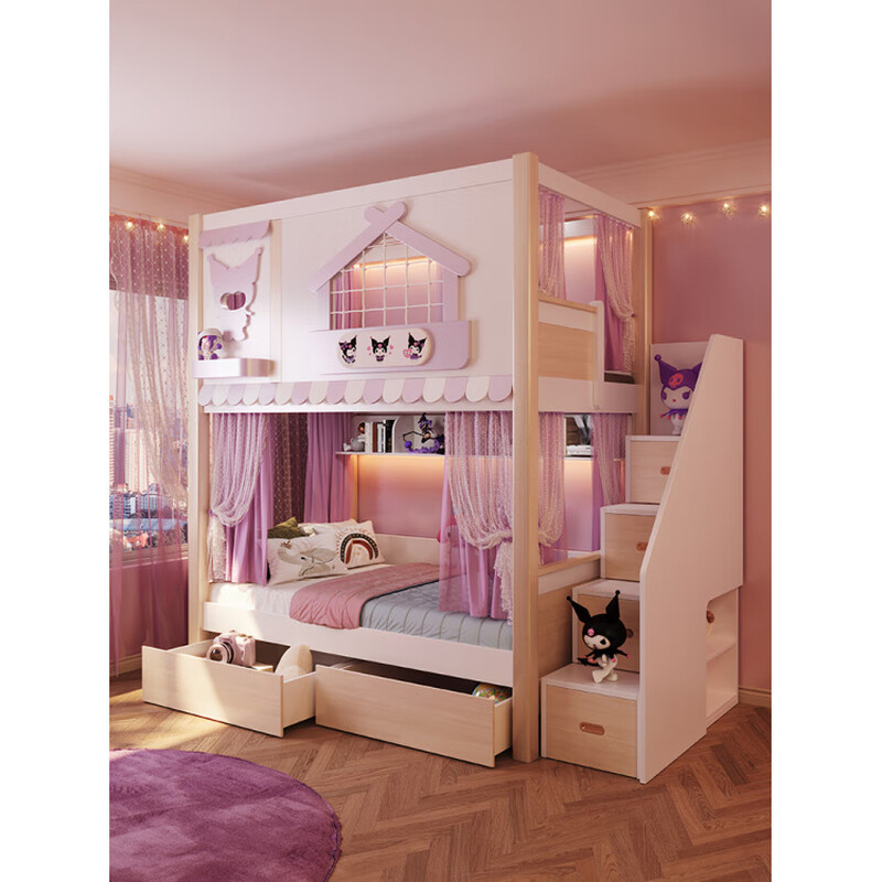 Fat Donglai same style cartoon children's bed all solid wood high and low bed bunk bed girl princess upper and lower castle 90% choose to upgrade the mattress 1200mm*1900mm x bunk bed + bookshelf
