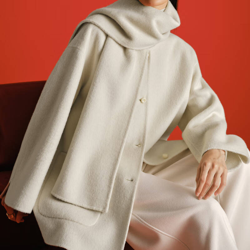 Eveli (eifini) Jiang Xin endorses Eveli removable scarf coat with one hand large patch pocket woolen coat 2025 winter new style off-white free scarf with order M 115-125 catties