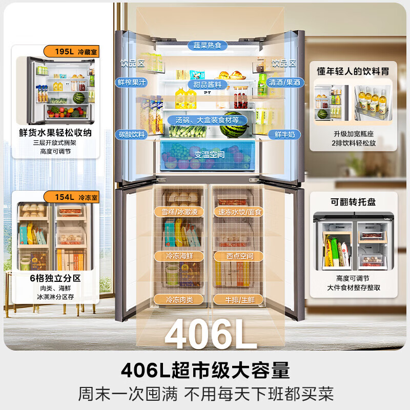 Hualingmei's refrigerator cross-shaped four-door double-door double-door first-class energy efficiency air-cooled frost-free double frequency conversion large-capacity household refrigerator 426 ultra-thin body 61cm ultra-thin does not take up space HR-426WSP titanium steel gray
