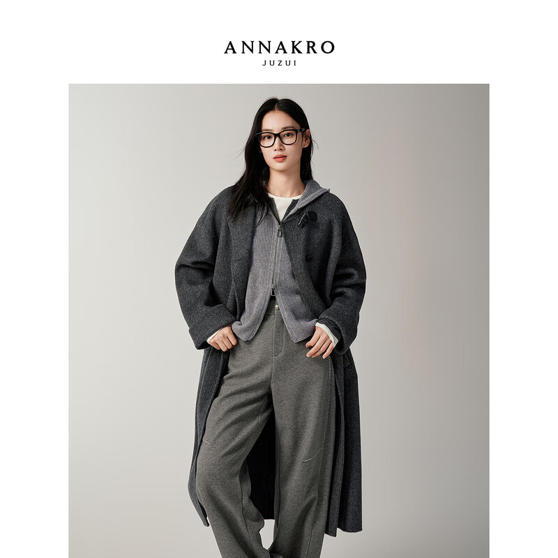 Jiuzi Annako college style 100 wool genuine two-piece hooded collar double-sided woolen coat for women 2025 winter new style dark gray S