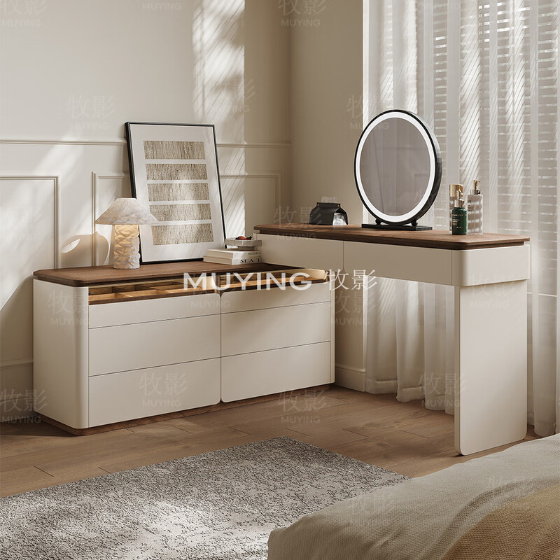 Muying dressing table and cupboard integrated bedroom high-end modern simple bedside retractable storage cabinet master bedroom solid wood dressing table Muyan dressing table milk white 1.2 meters dressing table combination lock + solid wood multi-layer board