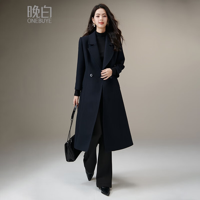 Late White New Product Winter Fashion Retro Mid-Length Coat Crisp and Slim Wool Jacket for Women Dark Blue XL