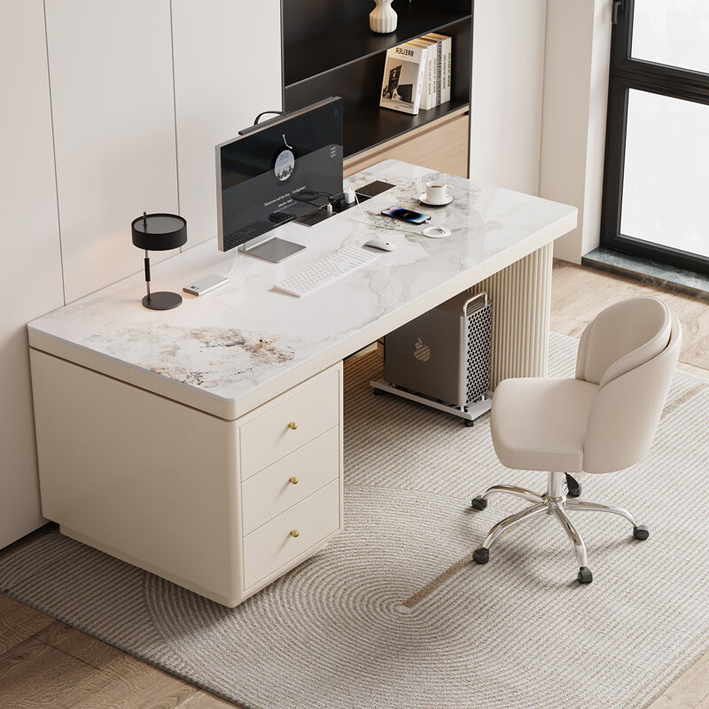 Verdanten minimalist modern style computer desk bedroom student study table new home slate desk study office writing desk off-white feet + off-white cabinet + Chanel glossy surface 160*60*75 single table with desktop row + threading hole + host position