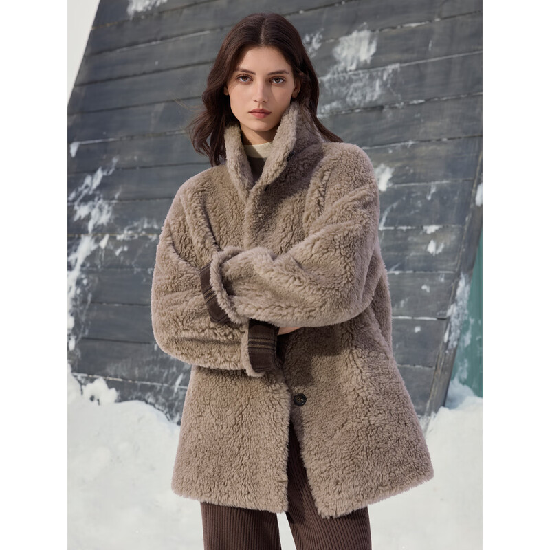 ELLE 100% Sheep Wool French Design Stand Collar Plush Jacket Women's 2025 Winter New New Year Top Brown M
