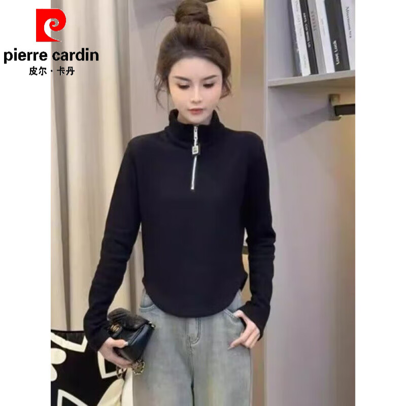 Pierre Cardin velvet thickened temperament zipper half turtleneck German velvet bottoming shirt for women with versatile design top commuting long-sleeved T-shirt white German velvet fabric M recommended within 95 pounds