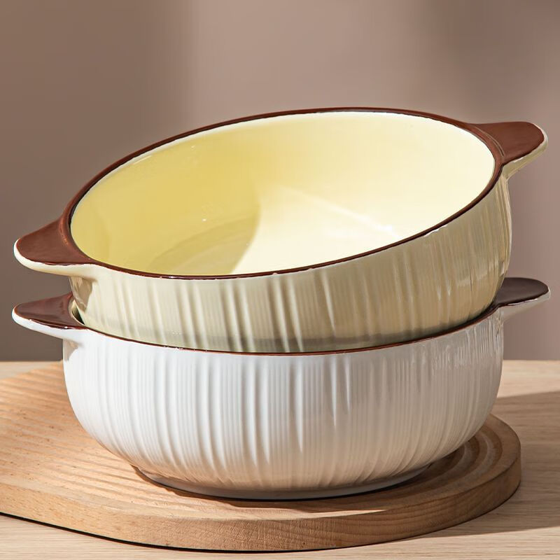 Renowned double-eared pickled fish large basin bowl with cream for household high-looking large soup bowl large hairy blood boiled fish ceramic soup 10-inch vertical striped double-eared soup bowl 1 pack milk coffee color