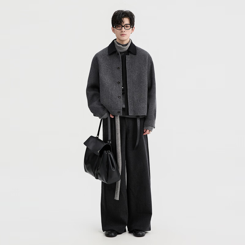 Earl Zall Goose Down Lined Full Wool Contrast Color Winter High-Quality Double-sided Woolen Jacket Men's Short Woolen Jacket