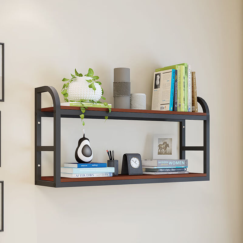 Wall bookshelf, wrought iron storage rack, kitchen, living room, bedroom, wall flower rack, wine rack, children's one-word partition storage cabinet, light walnut panel + black shelf, second floor length 40 width 24 height 50 (regular style)