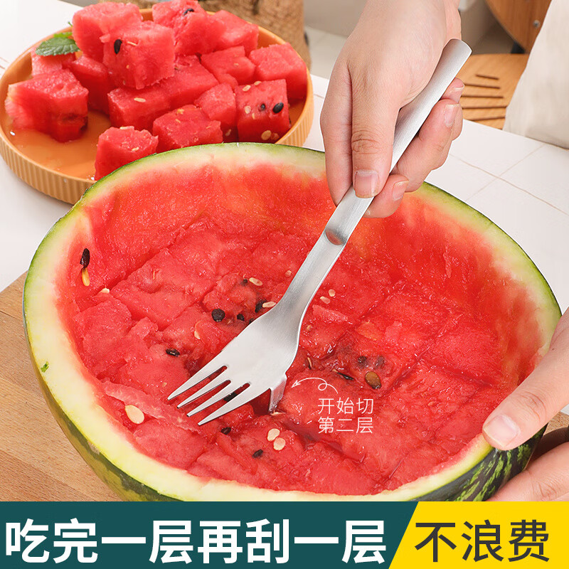 Necooks watermelon cutting tool, 304 stainless steel fruit divider, fruit scraper, dicing fork, diced melon cutter, 304 stainless steel watermelon dicing tool (cutting + fork two-in-one)
