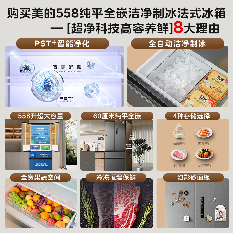 Midea 558L French-style multi-door refrigerator ultra-thin embedded first-class energy efficiency air-cooled frost-free sterilization large-capacity ice making BCD-558WUFIPZM (E) national subsidy
