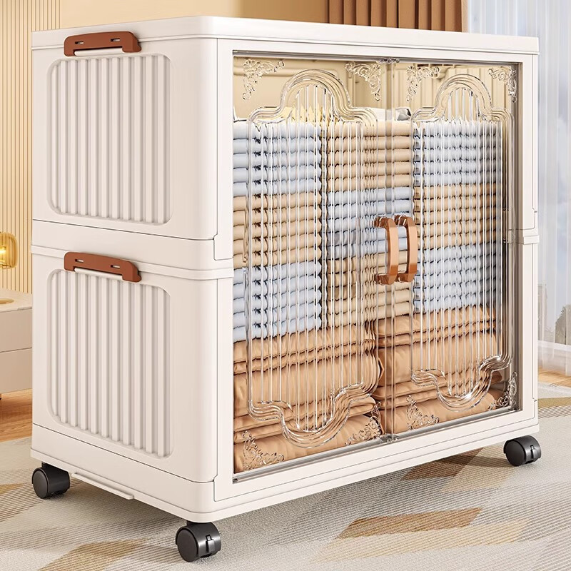 Nafenai Debon Home Furnishing Clothes Storage Box Flip Large Capacity Quilt Organizer Seasonal Storage Cabinet Storage Artifact 125L Cream Transparent Double Door/Foldable/Free Wheels
