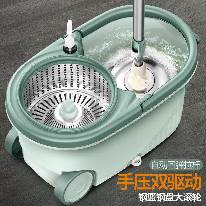 Sensitive rotating mop, good mop for lazy people, dual-drive spin-drying, hand-wash-free mop bucket, reinforced rod, stainless steel set, mop head*2 mop set, mop head*2
