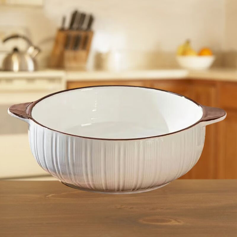 Renowned double-eared pickled fish large basin bowl with cream for household high-looking large soup bowl large hairy blood boiled fish ceramic soup 10-inch vertical striped double-eared soup bowl 1 pack milk coffee color