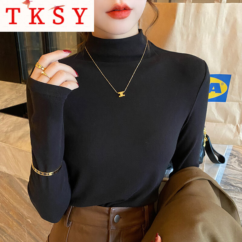 TKSY bottoming shirt for women 2025 new black half-high collar can be worn outside autumn and winter dark gray mid-collar long-sleeved top Almond rice upgraded brushed / style thickened S