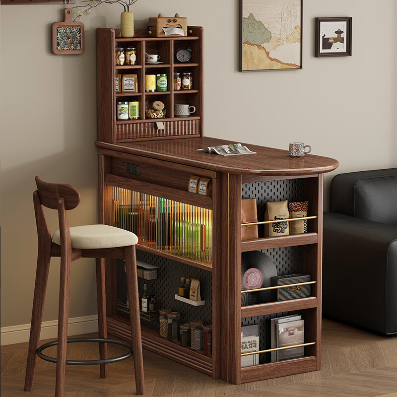 Muyuke antique solid wood bar cabinet retractable island black walnut living room home small apartment bar table sideboard bar cabinet + retractable table + storage cabinet + bar chair