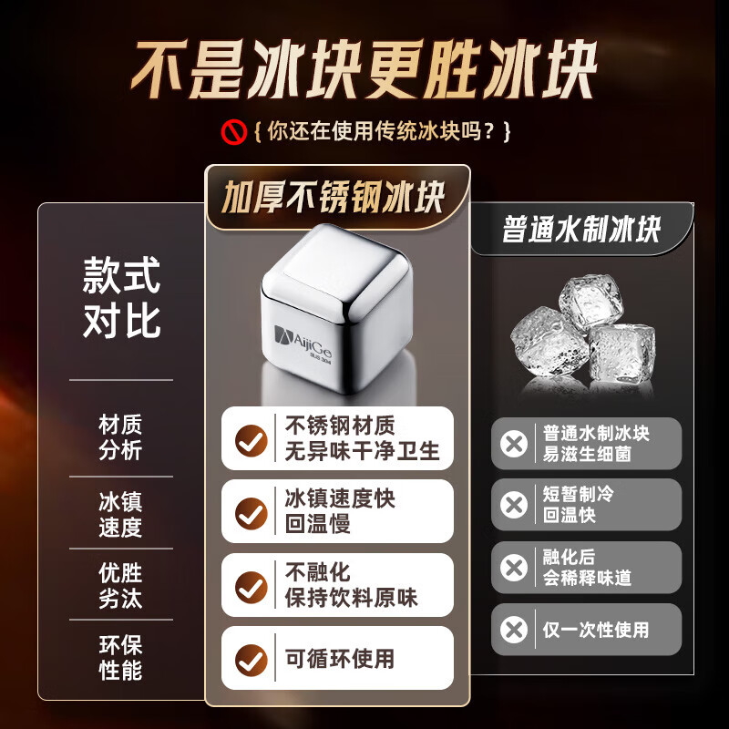 304 food-grade quick-frozen stainless steel ice cubes, metal ice grains, household ice-cold artifact, new beer beverage tartar stone, 304 stainless steel ice cubes - 8 grains with ice clips, boxed