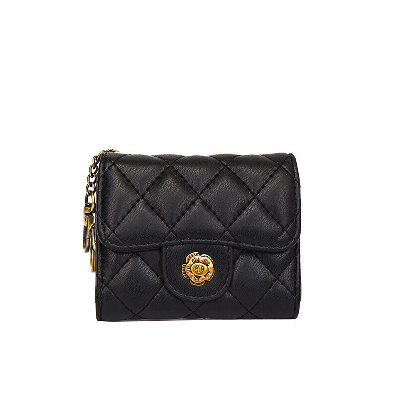 Kangaroo Xiaoxiangfeng 2025 New Camellia Diamond Wallet Women's Short Ins Coin Purse Fashion Simple Key Bag Black