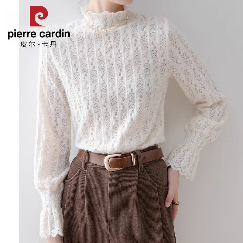Pierre Cardin Lace Shirt Tops Women's 2025 Autumn and Winter New Style Half-High Collar Hollow Air Flare Sleeve Bottoming Shirt Apricot - (Single Layer Hollow Slightly Transparent) Thin Section S Recommended 85-99 catties