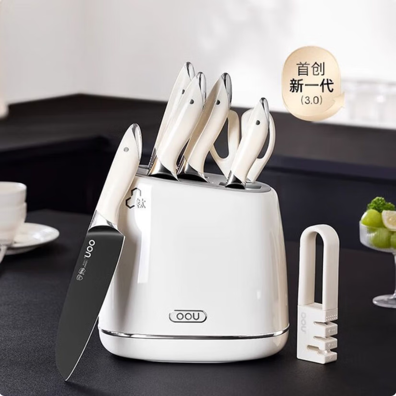 OOU Xinjiang shipped whale titanium series kitchen antibacterial knife set household kitchen knife German steel slicing knife bone chopping knife whale titanium German steel antibacterial seven-piece knife set